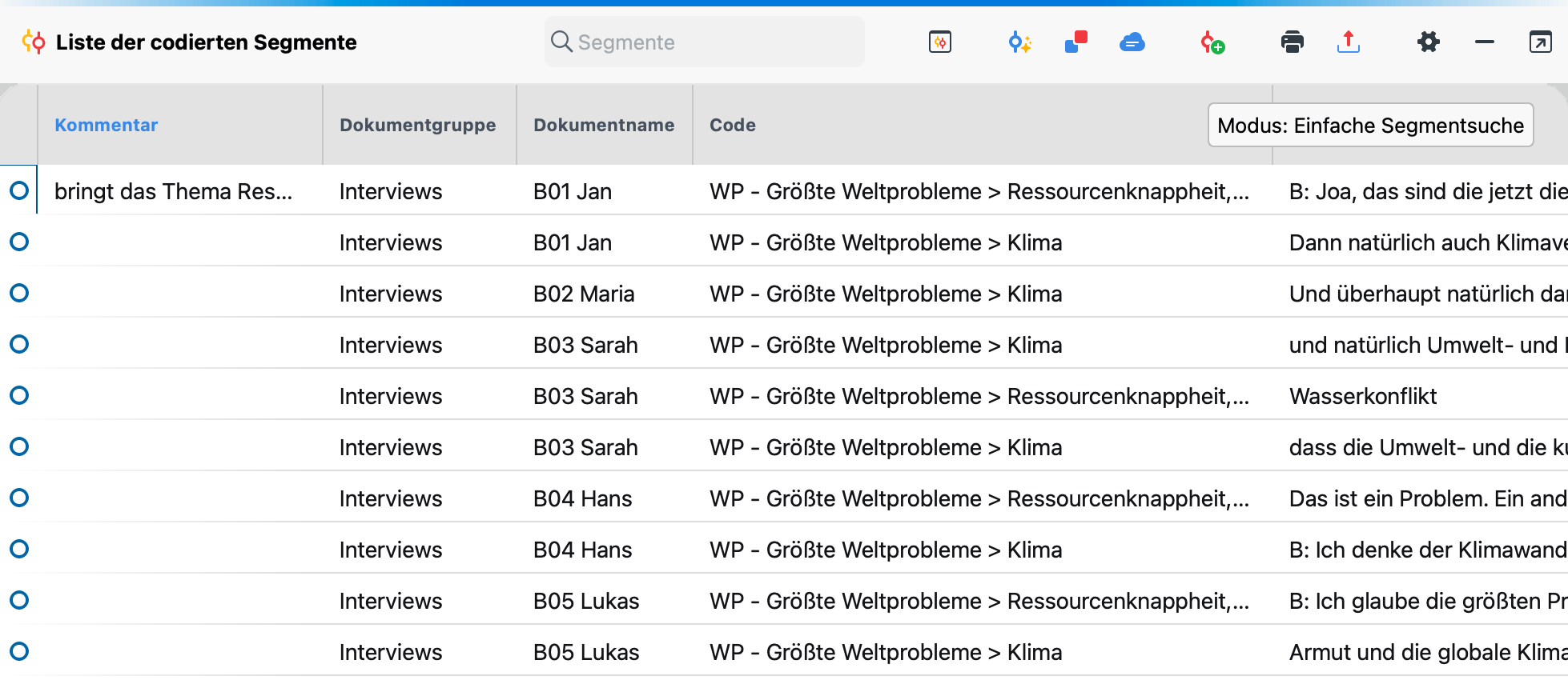 Die „Liste der codierten Segmente“ in tabellarischer Ansicht Die „Liste der codierten Segmente“ in tabellarischer Ansicht