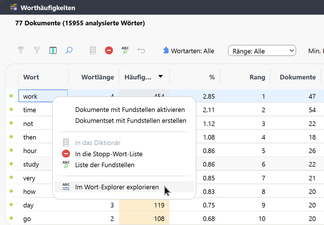 Wort-Explorer per Kontextmenü aus der Worthäufigkeitsliste starten Wort-Explorer per Kontextmenü aus der Worthäufigkeitsliste starten