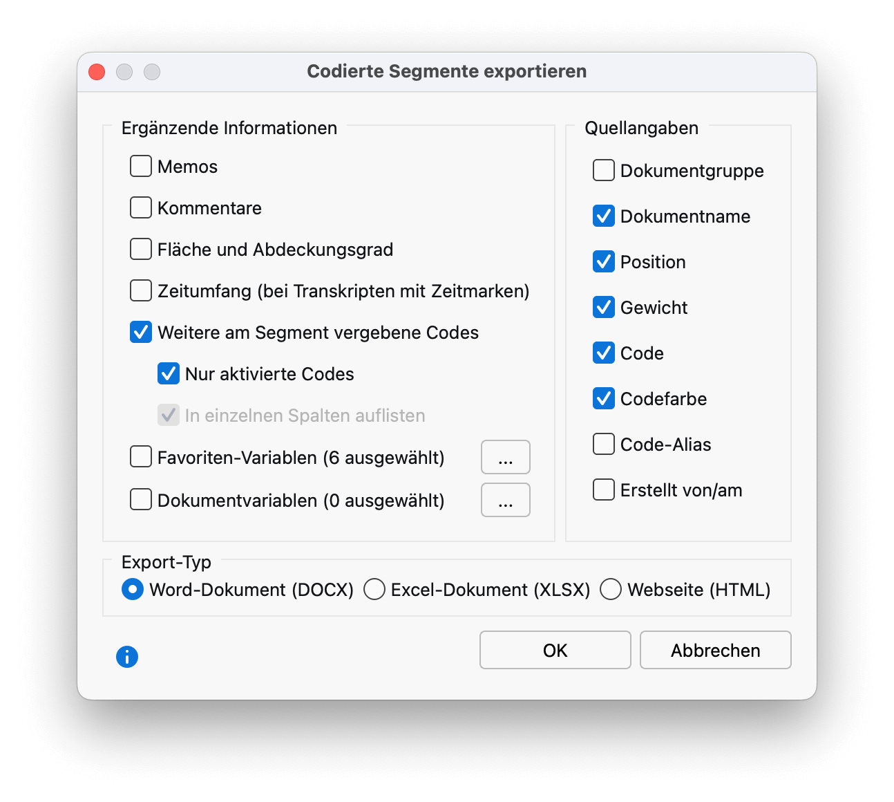 Optionen für den Export der codierten Segmente Optionen für den Export der codierten Segmente