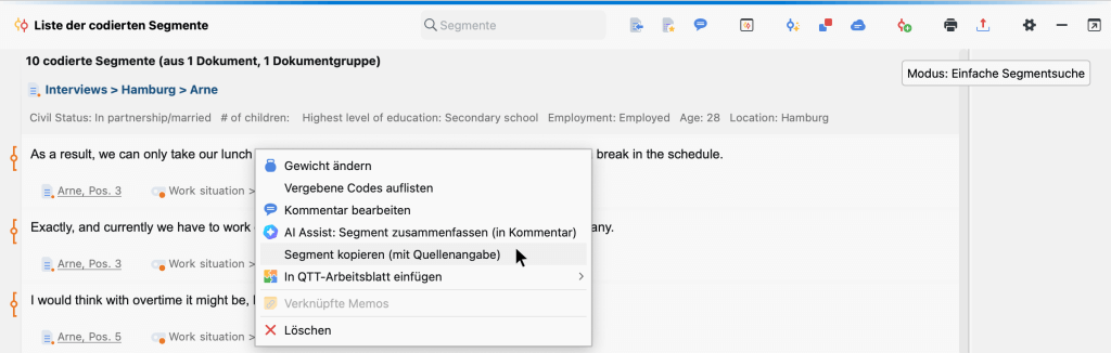 Aufruf der Funktion aus dem Kontextmenü eines codierten Segments Aufruf der Funktion aus dem Kontextmenü eines codierten Segments