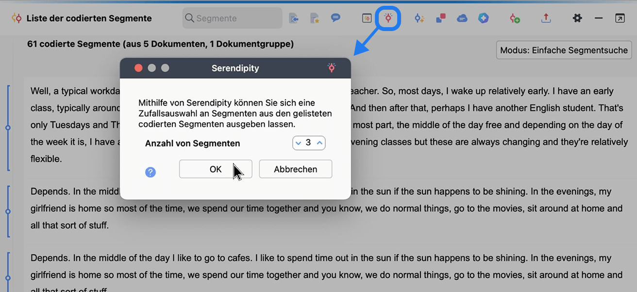 MAXQDA Serendipity: Wählen Sie die Anzahl der gewünschten codierten Segmente Screenshot zur Hervorhebung des Serendipity-Symbols in der Symbolleiste des 'Liste der codierten Segmente'-Fensters bei geöffnetem Serendibity-Dialogfenster