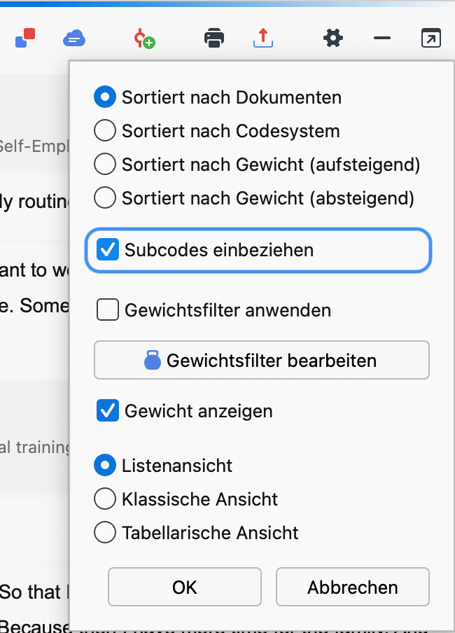Die Option „Subcodes einbeziehen“ im Kontextmenü der „Liste der codierten Segmente“ wählen Die Option „Subcodes einbeziehen“ im Kontextmenü der „Liste der codierten Segmente“ wählen