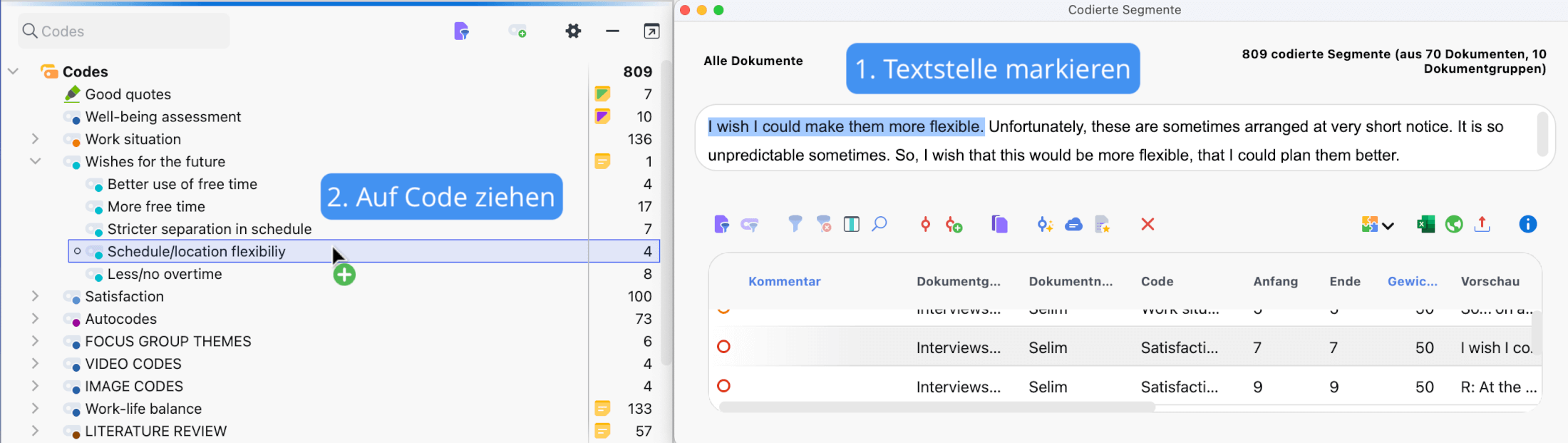 Textstellen direkt in der „Übersicht codierte Segmente“ codieren Textstellen direkt in der „Übersicht codierte Segmente“ codieren