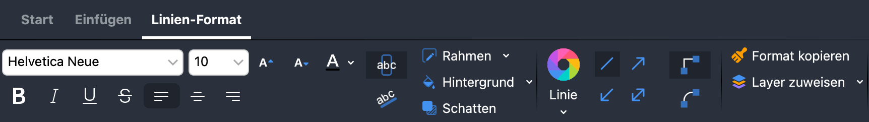 Im Tab „Linien-Format“ das Aussehen einer Linie gestalten Im Fenster „Eigenschaften“ das Aussehen einer Linie gestalten