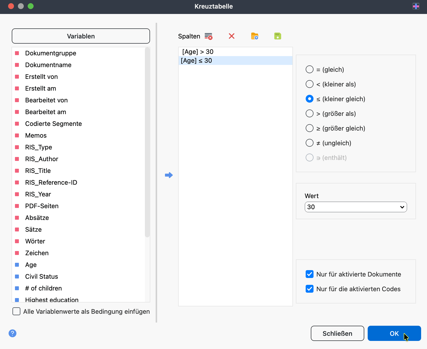 Dialogfenster „Kreuztabelle“