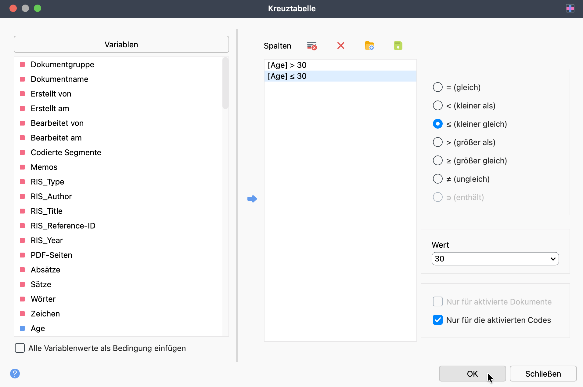Dialogfenster „Kreuztabelle“ Dialogfenster „Kreuztabelle“