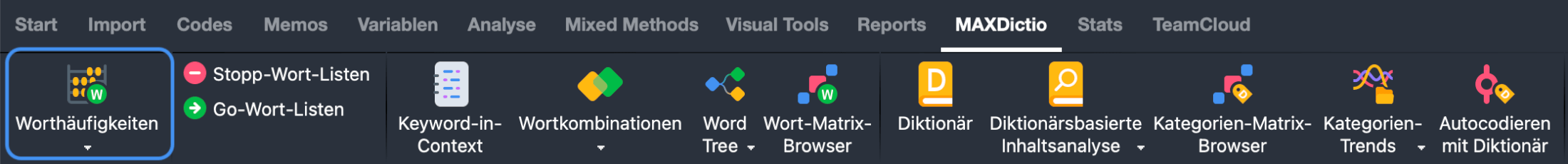 Funktion „Worthäufigkeiten“ im Tab „MAXDictio“ starten Funktion „Worthäufigkeiten“ im Tab „MAXDictio“ starten