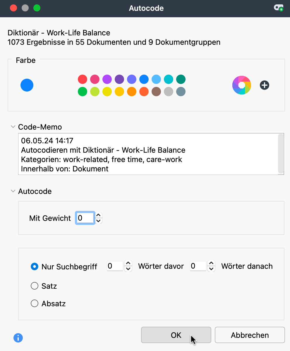 Weitere Optionen für die Autocodierung: Gewicht und Textumfang festlegen Weitere Optionen für die Autocodierung: Gewicht und Textumfang festlegen