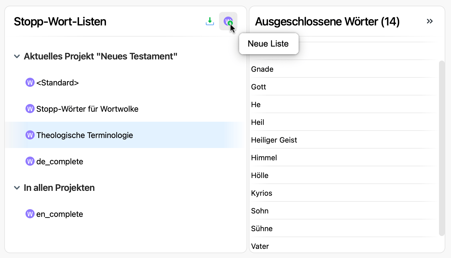 Eine neue Stopp-Wort-Liste zu einem Projekt hinzufügen Screenshot des Fensters für Stopp-Wort-Listen mit Mauszeiger über dem Icon 'Neue Liste'