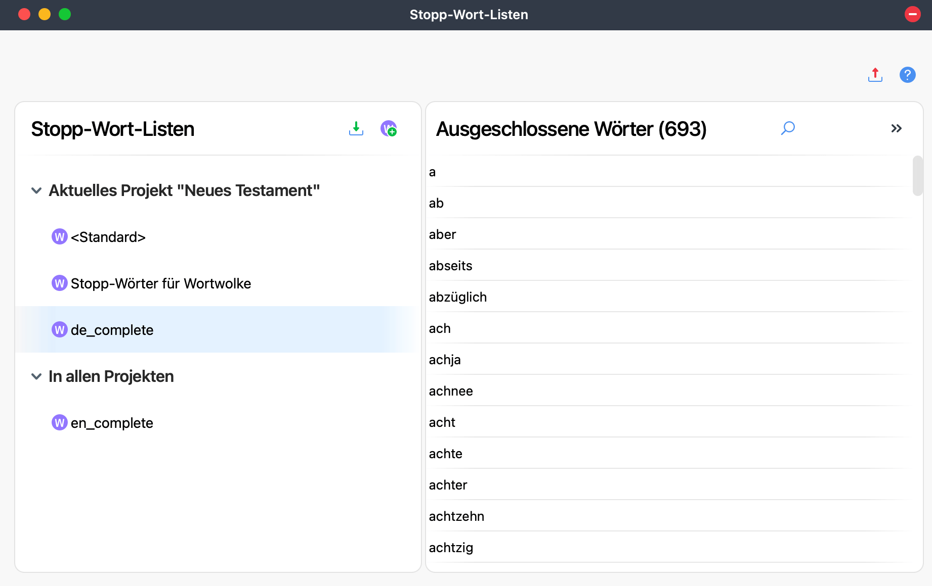 Screenshot des Fensters für Stoppwortlisten innerhalb von MAXQDA