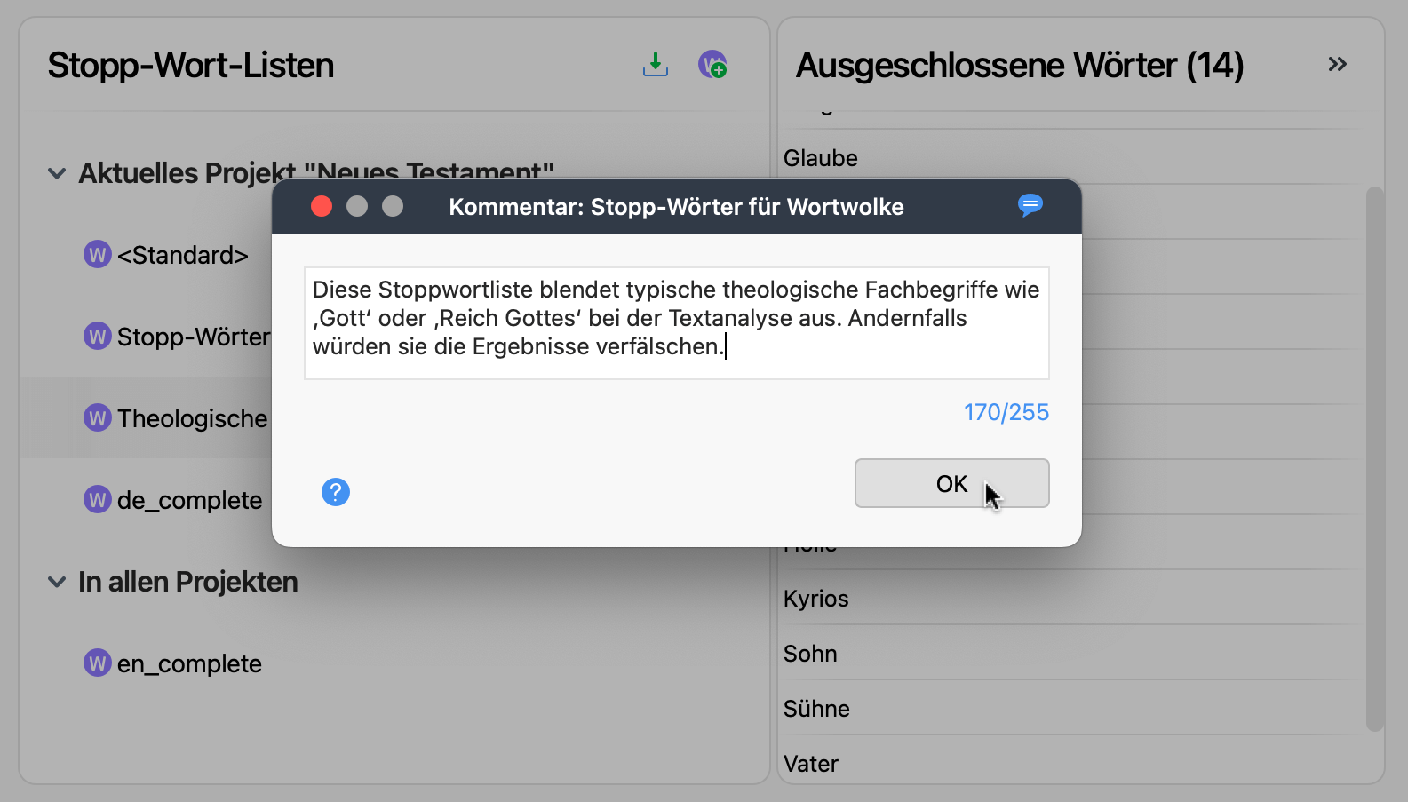 Kommentare zu Ihren Stopp-Wort-Listen hinzufügen Screenshot des Fensters für Stopp-Wort-Listen-Kommentare mit Beispielkommentar