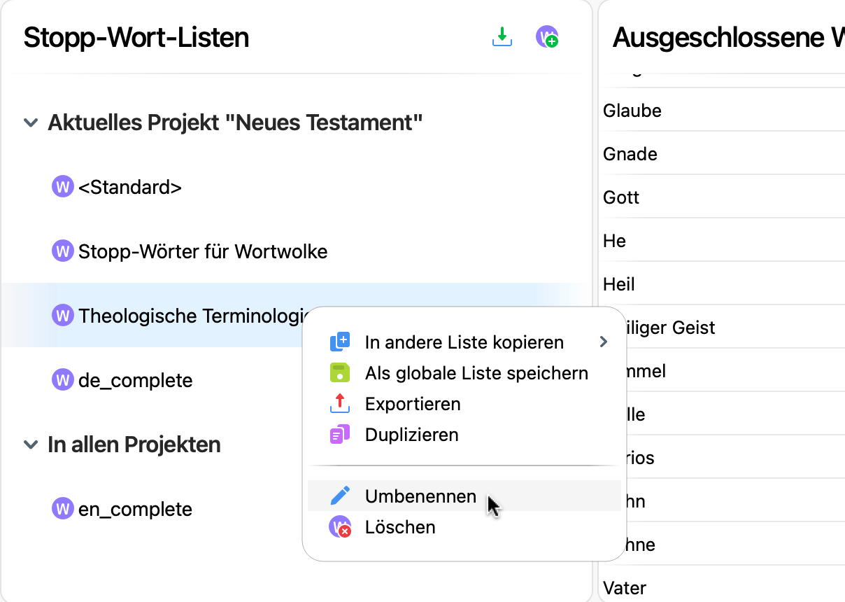 Optionen für Stopp-Wort-Liste Screenshot der Kontextmenüoptionen für Stopp-Wort-Liste