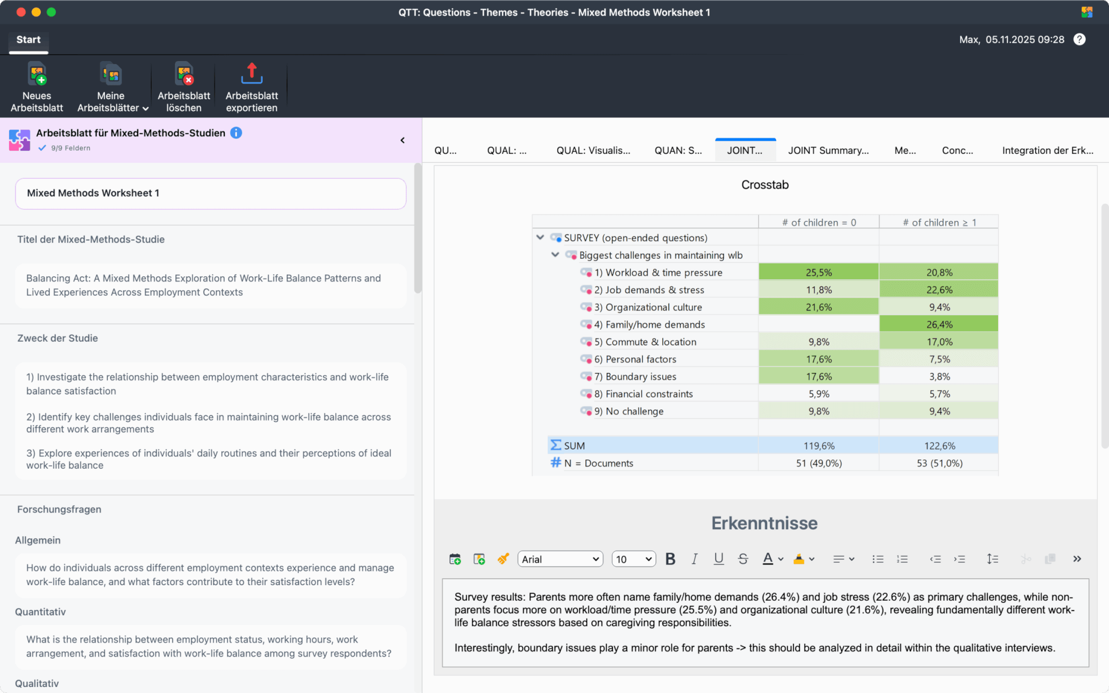 Arbeitsblatt für Mixed-Methods-Studien im QTT-Fenster