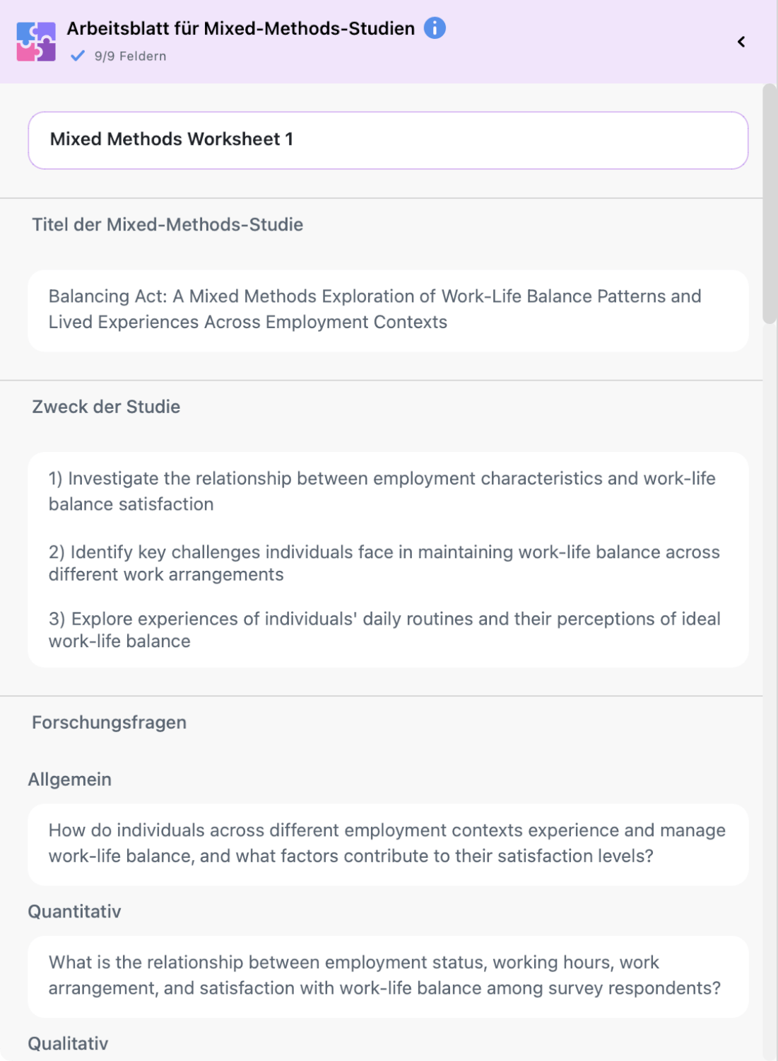 Seitenleiste mit Reflexionsfeldern für eine Mixed-Methods-Studie