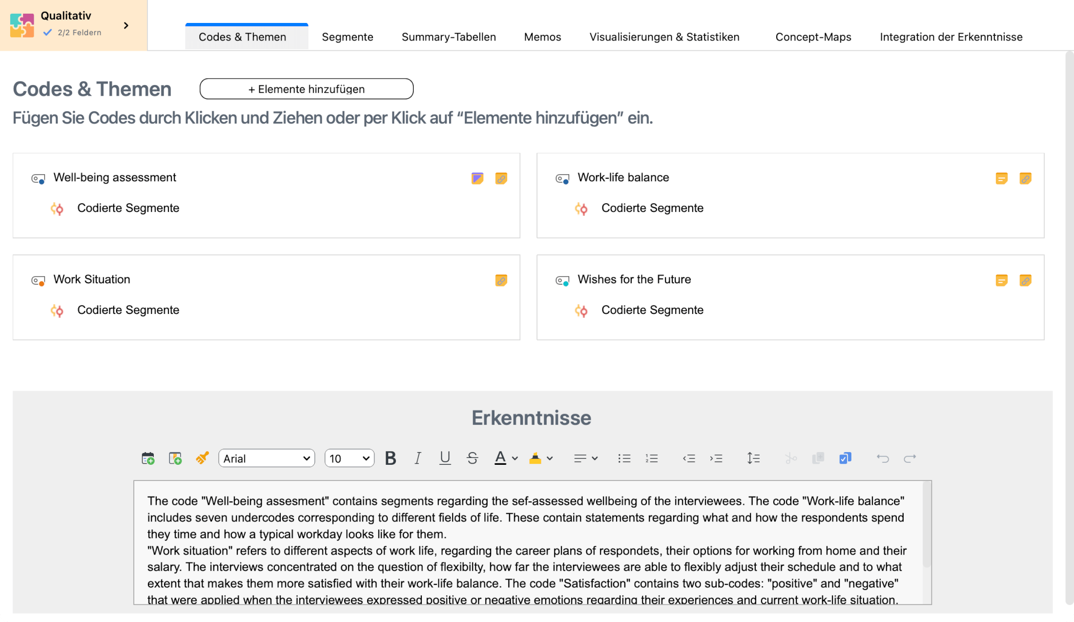 Abschnitt „Codes & Themen“ / „QUAL: Codes“  im QTT