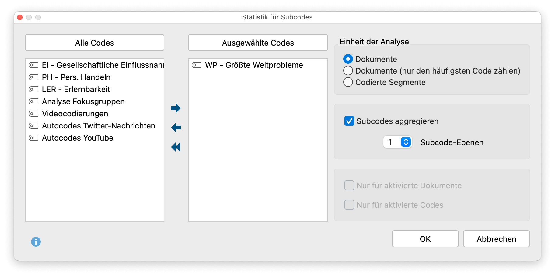 Häufigkeitstabellen und Diagramme für Top-Level-Codes und Subcodes ...