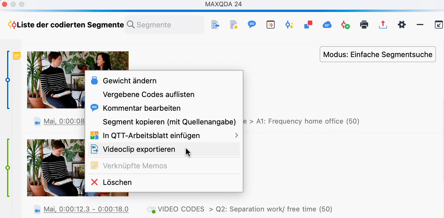 Export eines Videoclips in der „Liste der codierten Segmente“ aufrufen Export eines Videoclips in der „Liste der Codings“ aufrufen