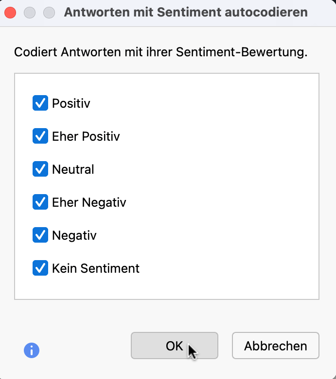 Optionen für die Codierung der Antworten mit ihrem Sentiment