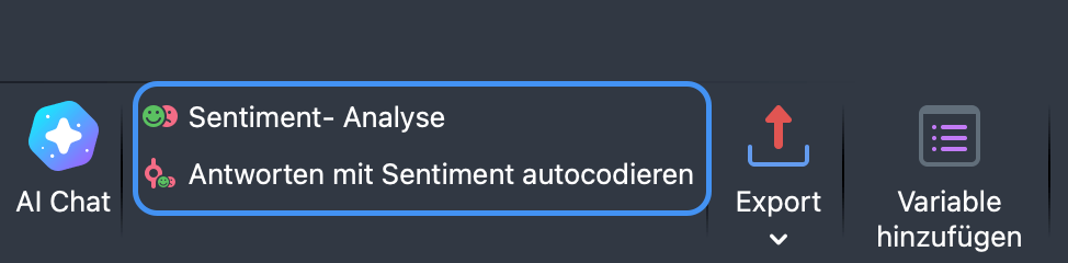 Screenshot des Survey Analysis-Menüs, wobei die Optionen „Sentiments analysieren“ und „Antworten mit Sentiments autocodieren“ hervorgehoben sind