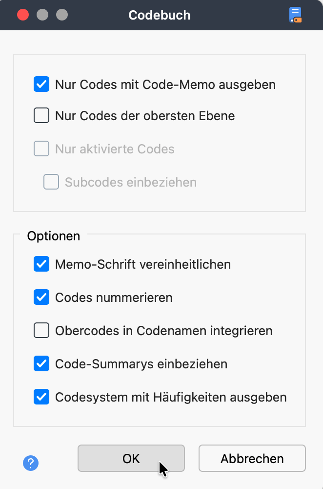 Optionen für das Codebuch Setting options for the Codebook