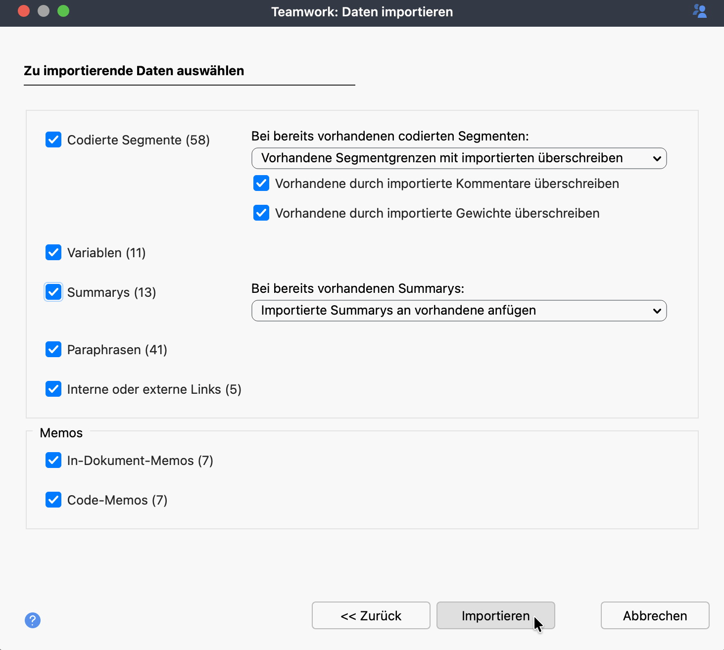 Auswahl der zu importierenden Daten Auswahl der zu importierenden Daten