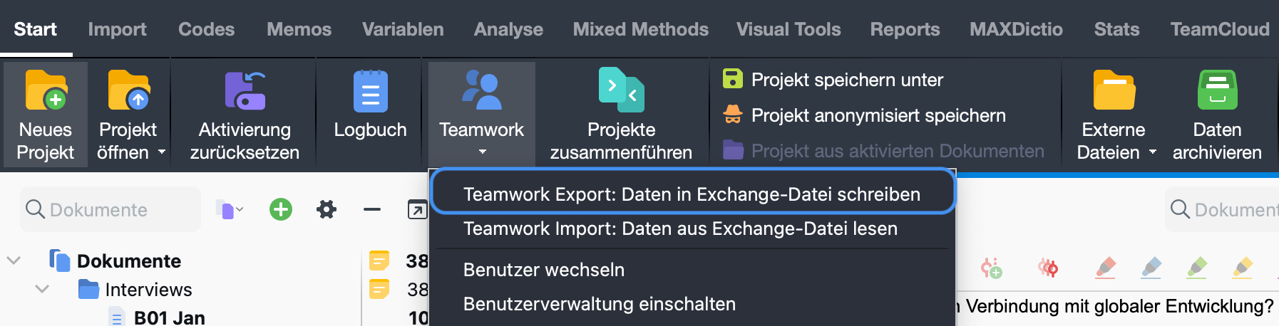 Teamwork Export starten Teamwork Export starten
