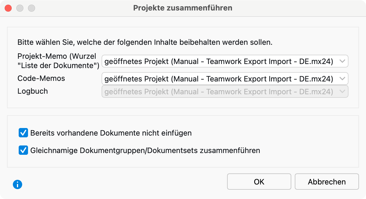 Optionen beim Zusammenführen von Projekten Optionen beim Projekte zusammenführen