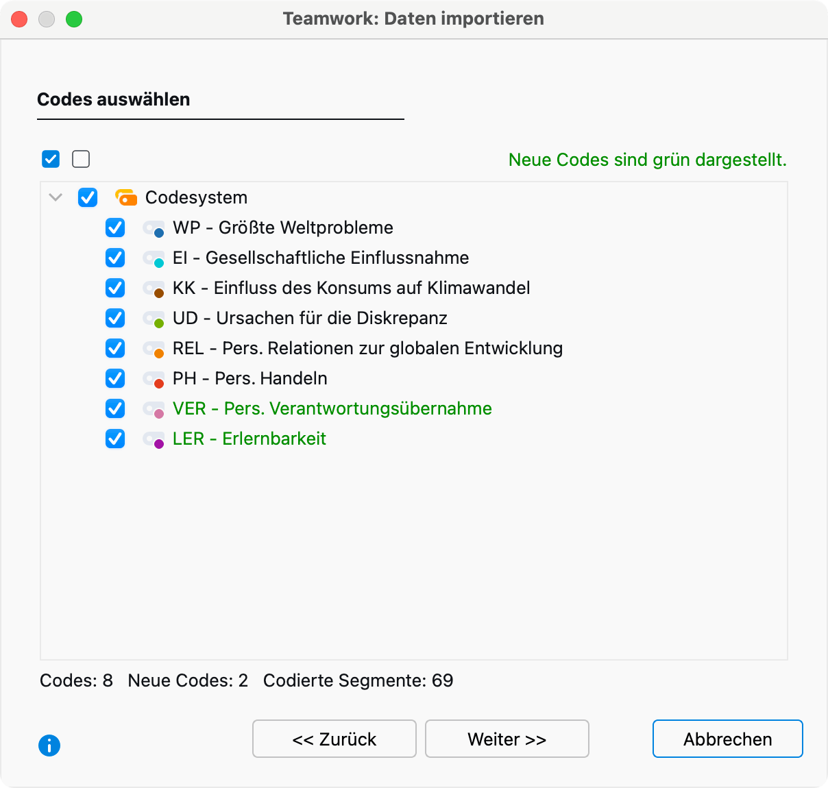 Codes auswählen Codes auswählen