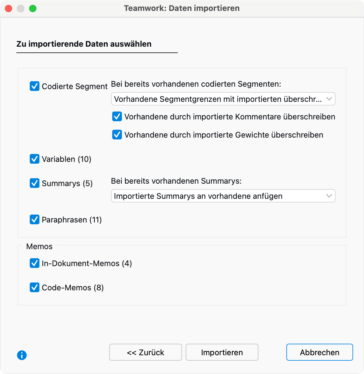Auswahl der zu importierenden Daten Auswahl der zu importierenden Daten