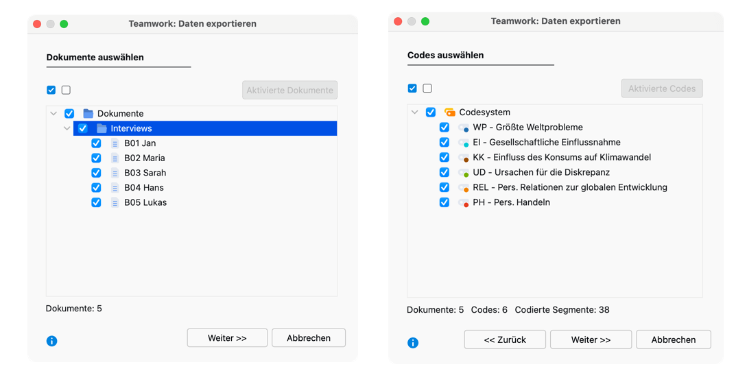 Dokumente auswählen (links), Codes auswählen (rechts) Dokumente auswählen (links), Codes auswählen (rechts)