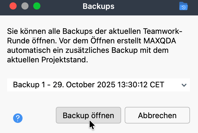 Backup-Datei öffnen Screenshot des Dialogfensters zur Benennung des TeamCloud-Backups