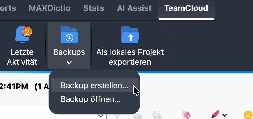 Screenshot des TeamCloud-Menüs mit der Auswahl Backups > Backup erstellen