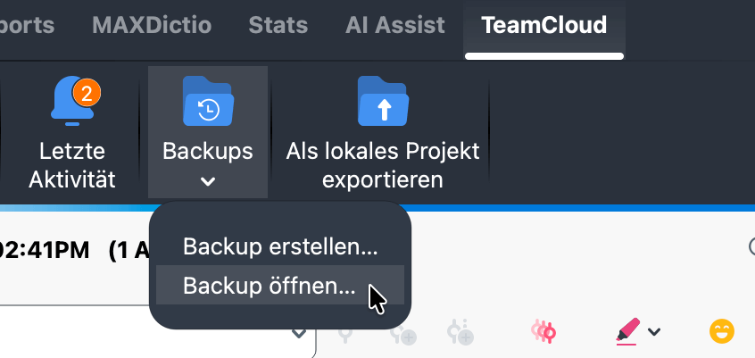Screenshot des TeamCloud-Menüs mit der Auswahl Backups > Backup öffnen