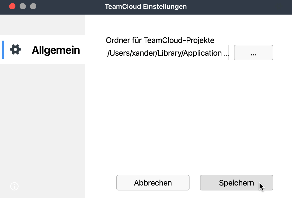 Fenster der TeamCloud-Speicheroptionen Fenster der TeamCloud-Speicheroptionen
