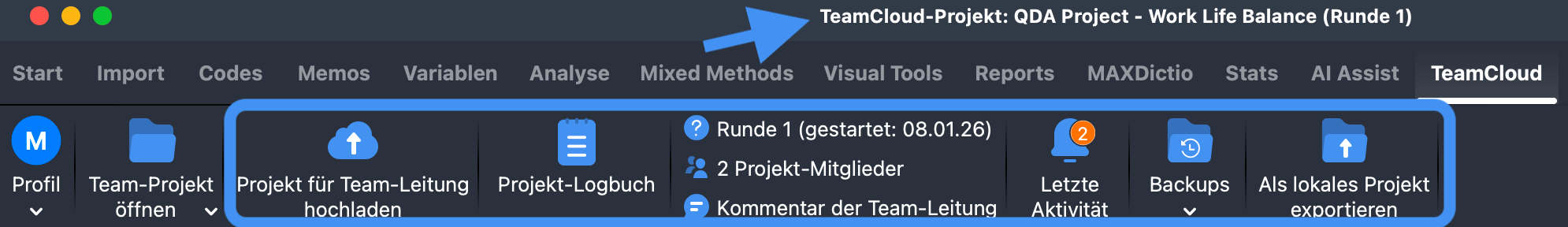 MAXQDA-Oberfläche mit TeamCloud-Projekt-Titelleiste und TeamCloud-Menüoptionen zur Überprüfung des korrekten Projektdateityps