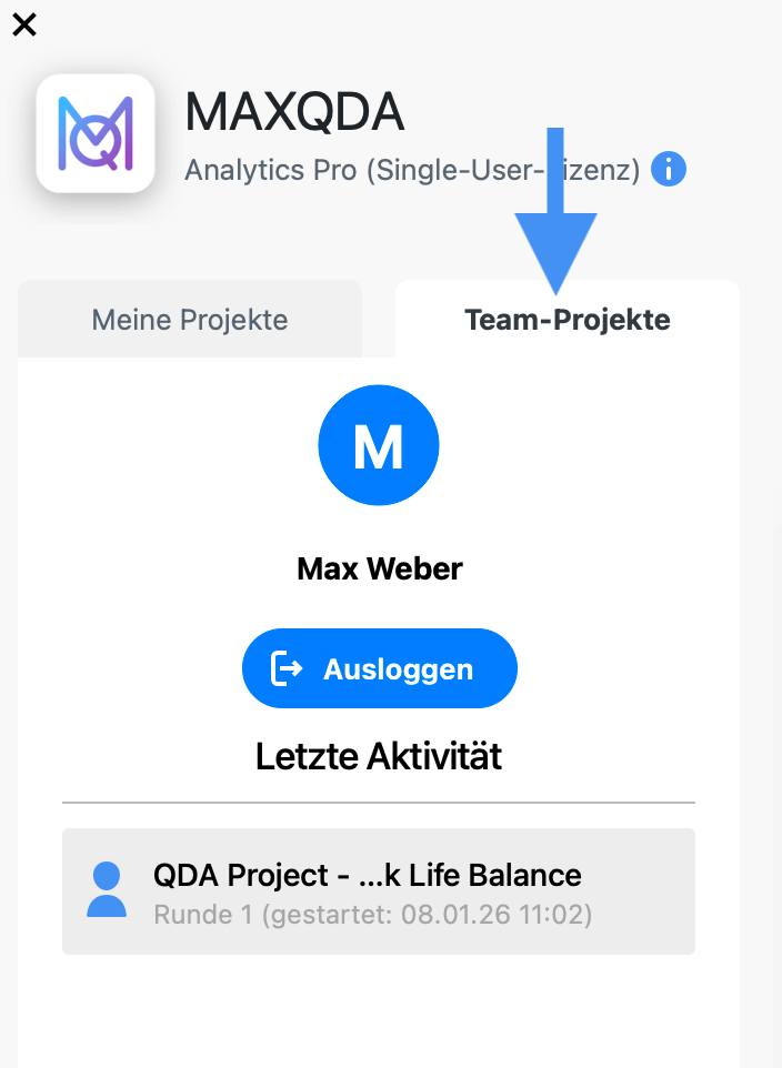 MAXQDA-Startbildschirm mit hervorgehobener Registerkarte „Teamprojekte“, über die Projekte geöffnet werden sollten, um sicherzustellen, dass sie im TeamCloud-Arbeitsbereich und nicht lokal gestartet werden.