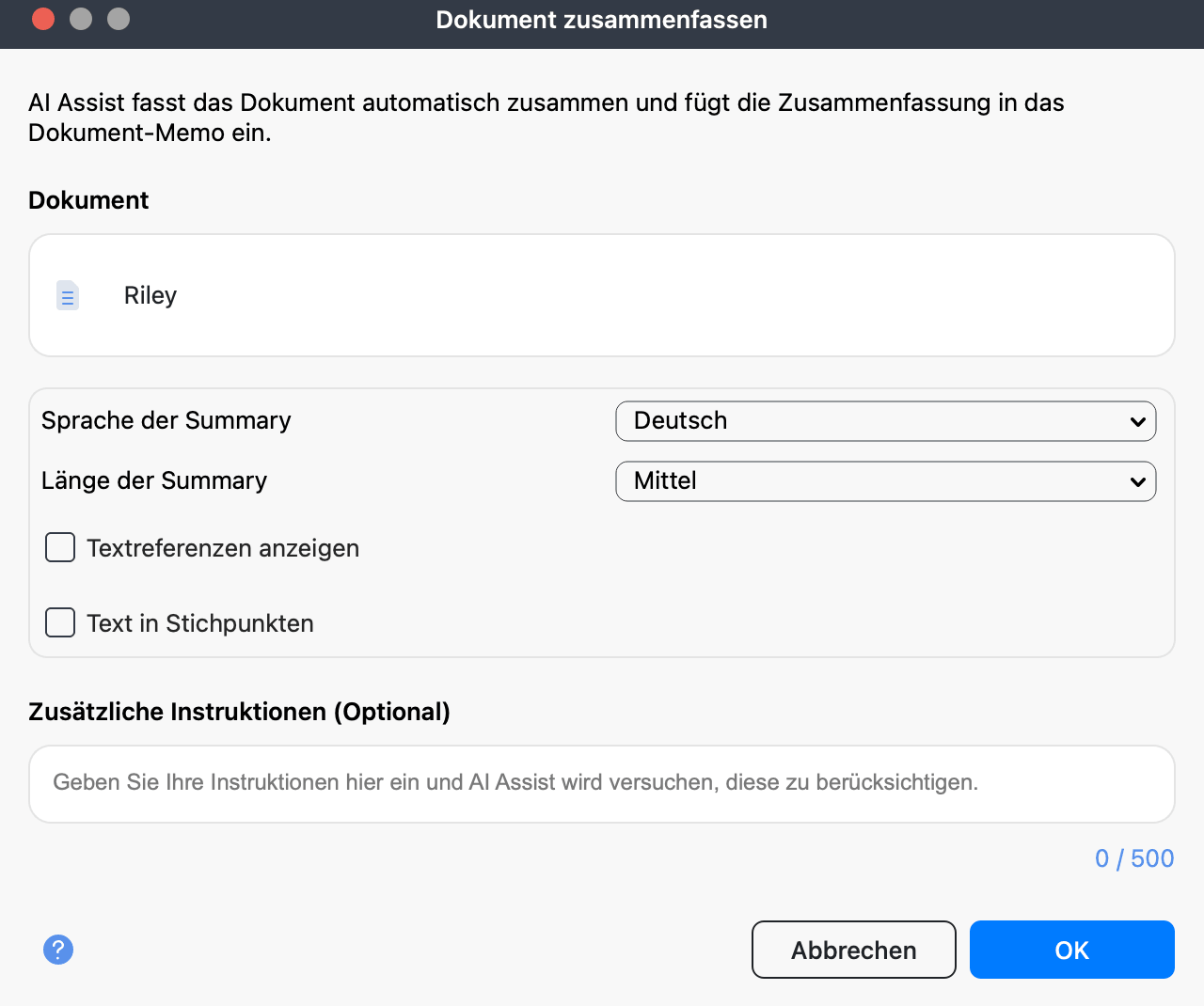 Fenster mit den Einstellungen für die KI-Zusammenfassung