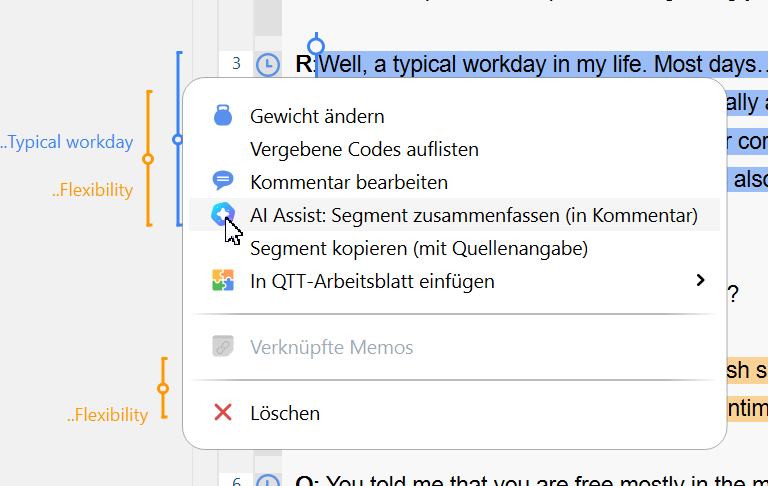 Kontextmenü eines codierten Segments mit dem AI-Assist-Befehl zum Zusammenfassen des ausgewählten Segments in einem Kommentar