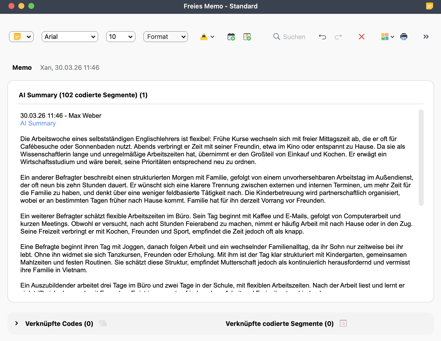Ein Beispiel für ein KI-Summary von codierten Segmenten, als freies Memo gespeichert.
