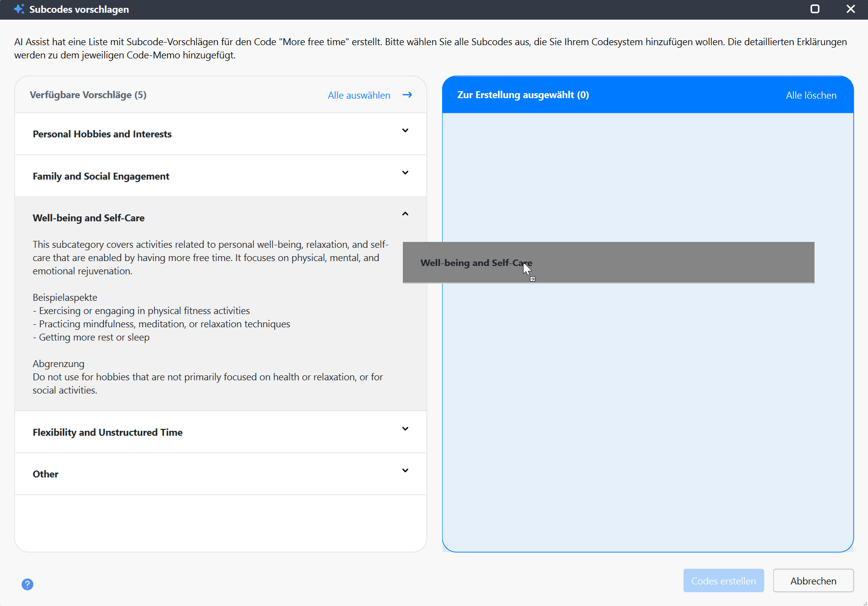 AI-Assist-Auswahldialog mit vorgeschlagenen Subcodes im Bereich „Verfügbare Vorschläge“