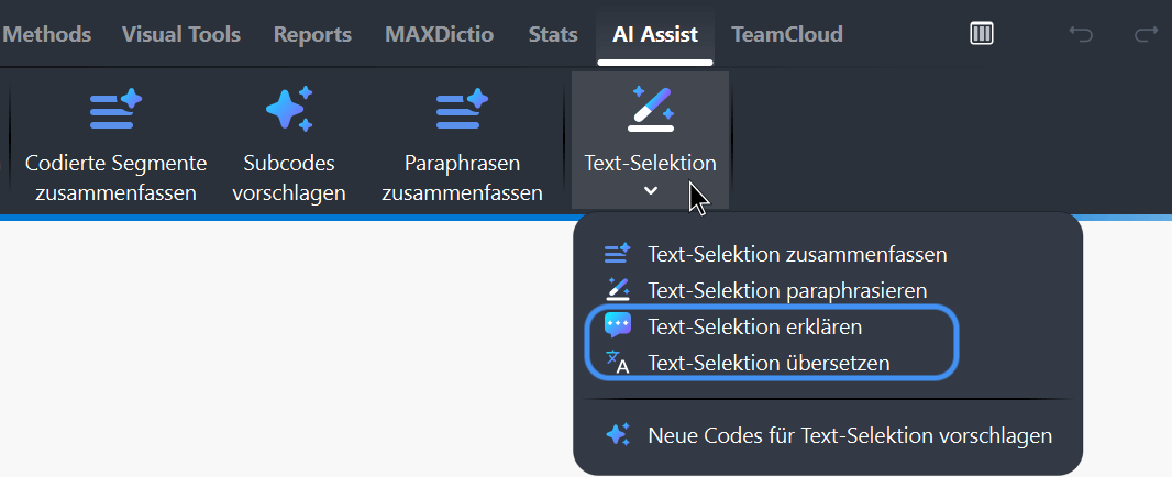 AI Assist menu showing Explain Selected Text and Translate Selected Text options for selected text