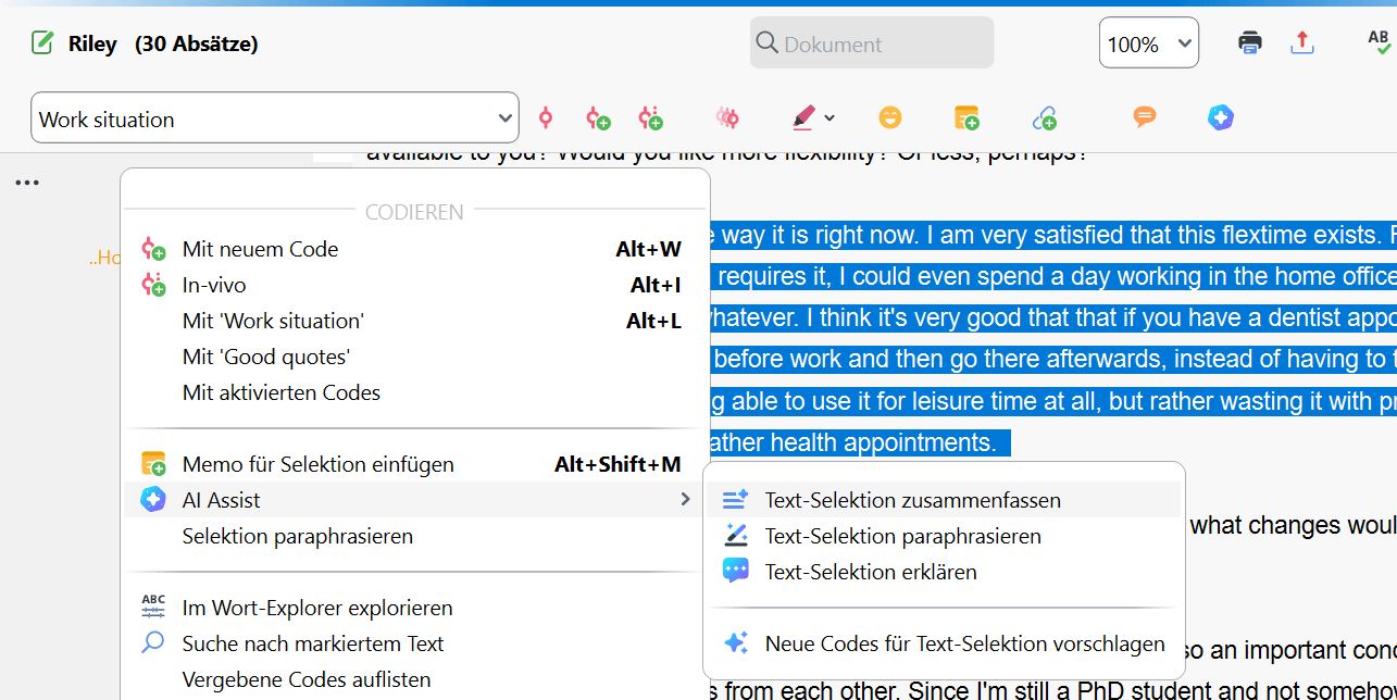 Zusammenfassen von markiertem Text über das Kontextmenü Zusammenfassen von markiertem Text über das Kontextmenü