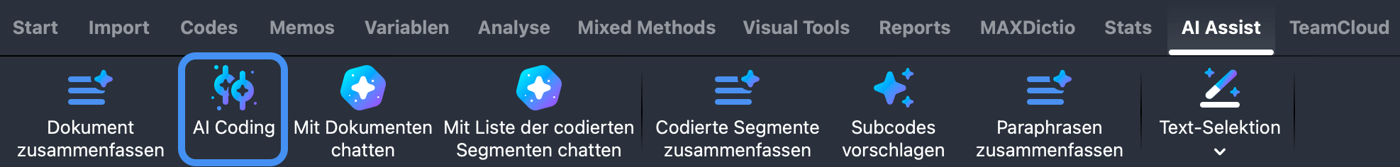 AI Coding über das AI Assist Hauptmenü starten