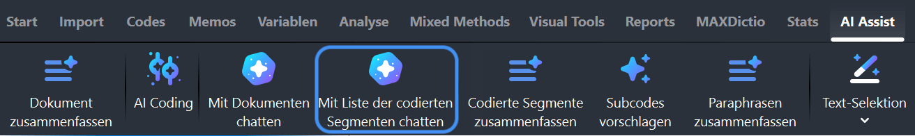 Chatten Sie mit codierten Segmenten über das Hauptmenü von AI Assist Chatten Sie mit codierten Segmenten über das Hauptmenü von AI Assist