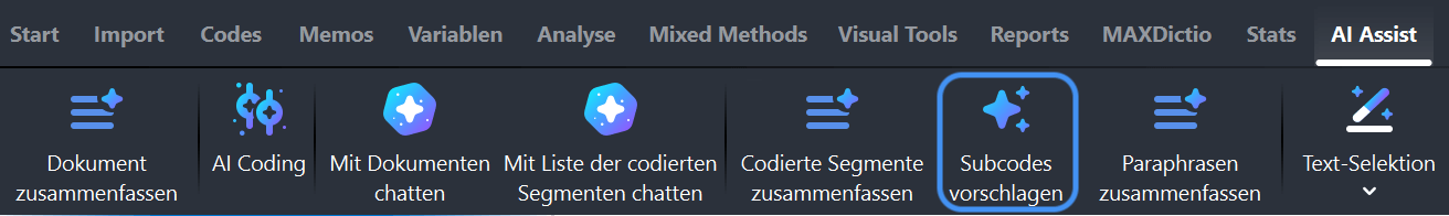 AI-Assist-Hauptmenü mit hervorgehobener Option „Subcodes vorschlagen“