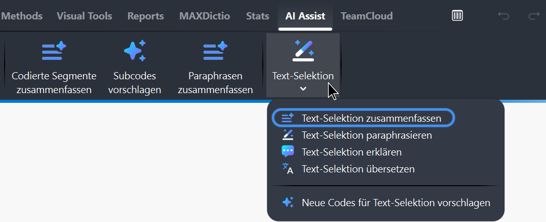 Zusammenfassen von markiertem Text über das AI Assist-Hauptmenü