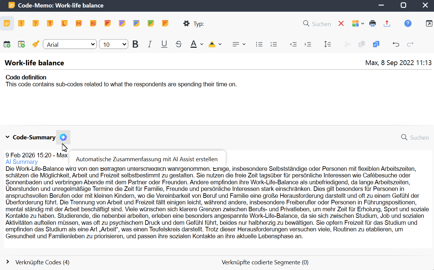 Beispiel für eine AI-generierte „Code-Summary“ in einem Memo