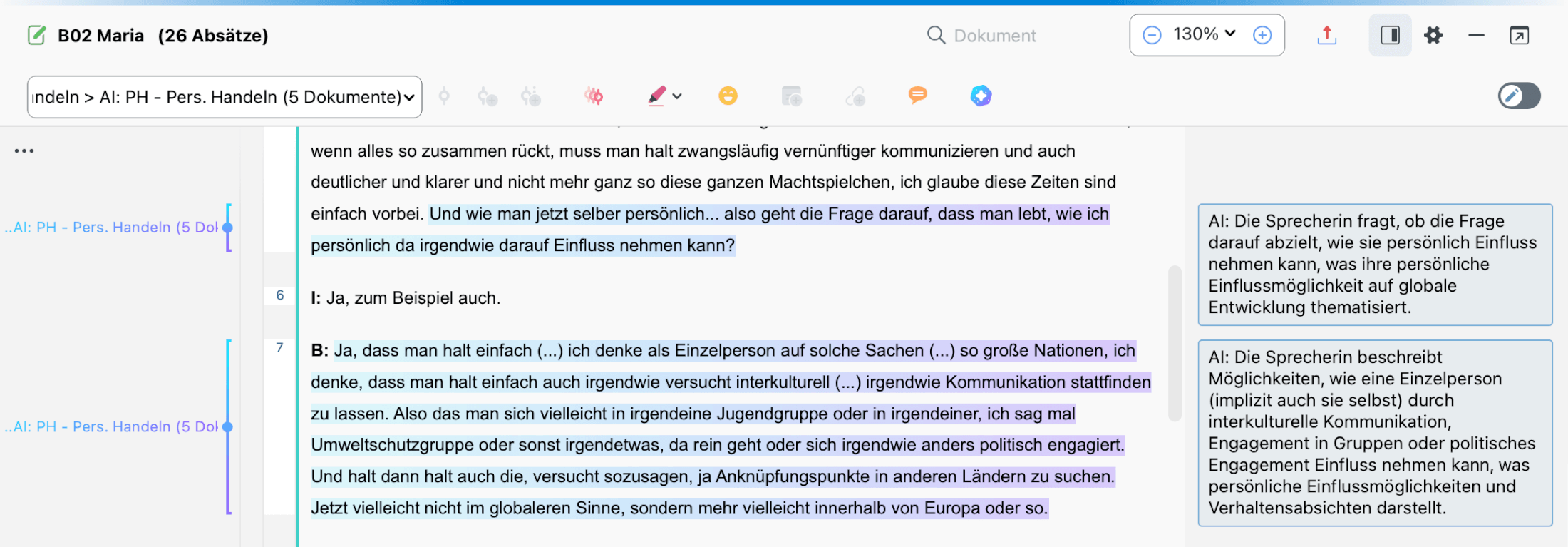 Beispiel von KI-vorgeschlagenen codierten Segmenten mit den KI-generierten Kommentaren