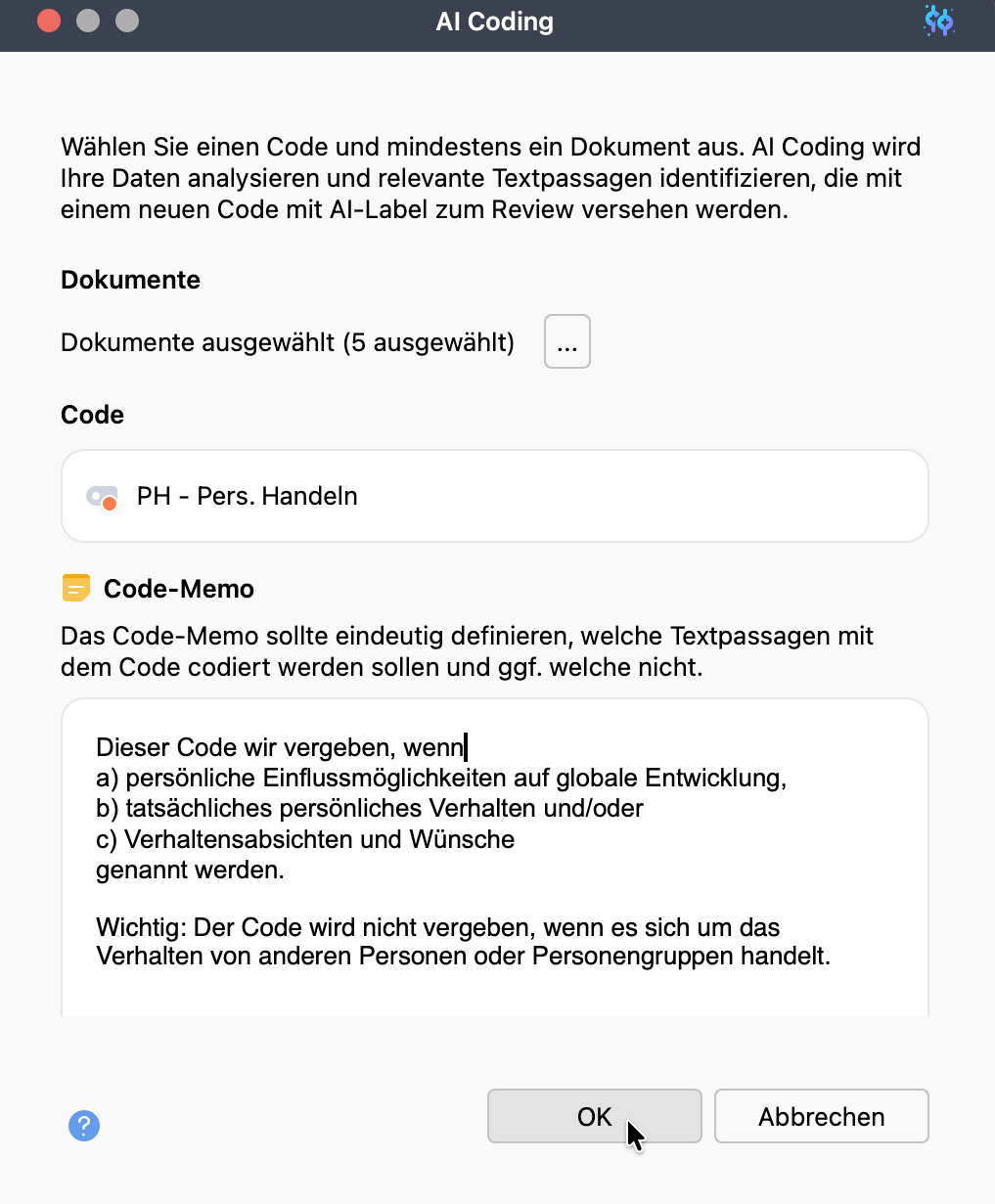 AI Coding-Dialog mit Code-Memo-Beispiel