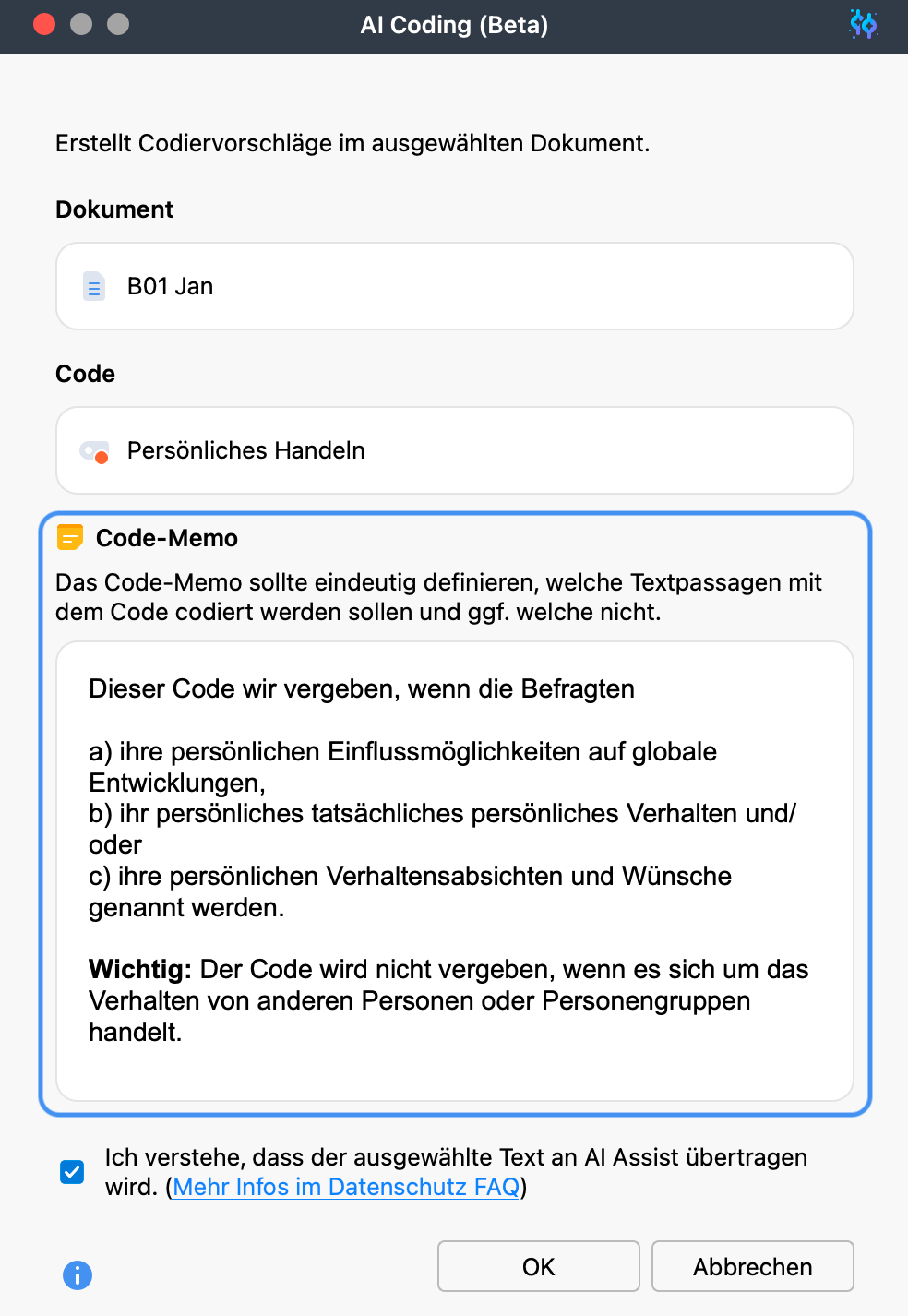 AI Coding-Dialog mit Code-Memo-Beispiel AI Coding-Dialog mit Code-Memo-Beispiel